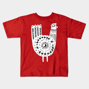 Folk Art Chicken in White and Black Kids T-Shirt